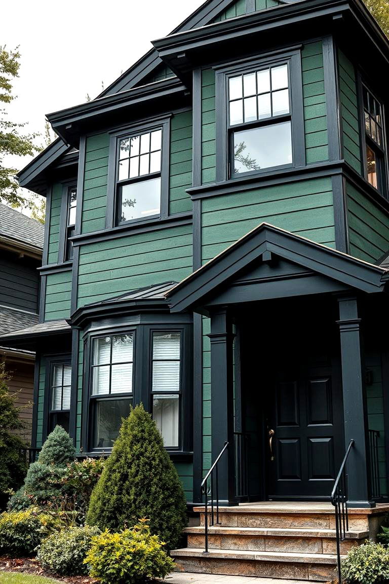 Distinctive Facade Features - 24 Forest Green House With Black Trim
