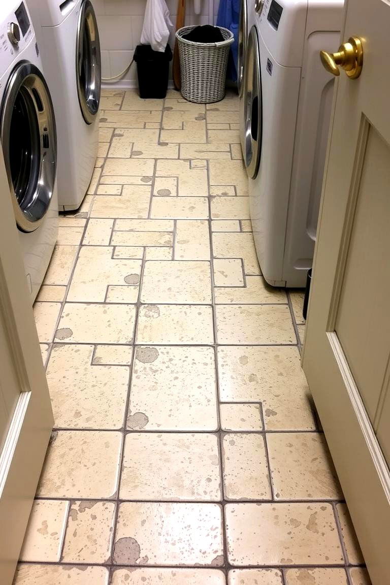 Distressed Tile Flooring - 24 Vintage Laundry Room Decor Ideas