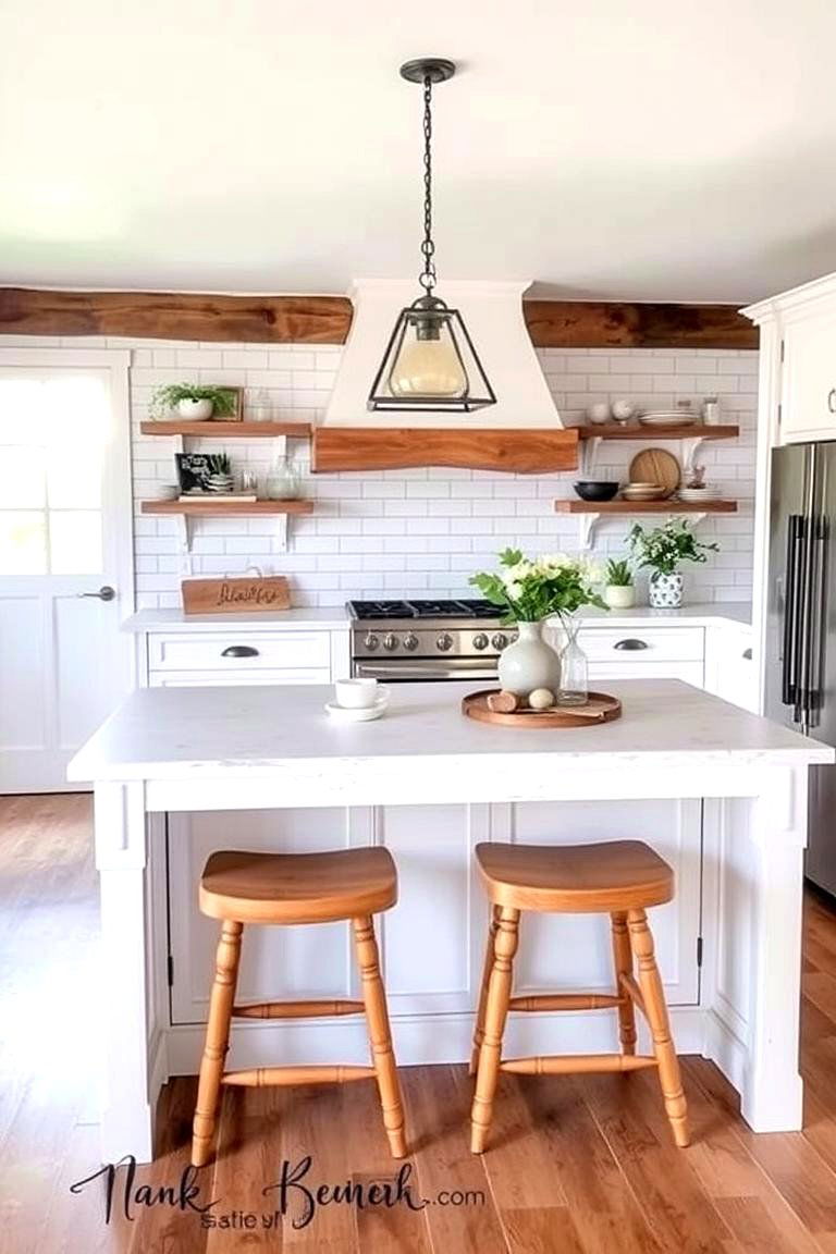 Distressed White Island with Seating - 24 Rustic White Kitchen Ideas