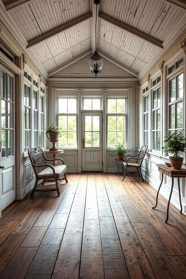 Distressed Wooden Floors with Vintage Appeal - 24 Victorian Sunroom Ideas