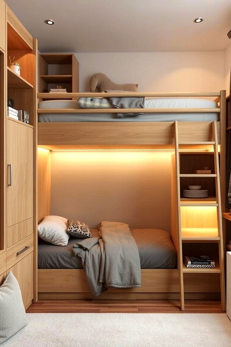 Double Deck Bed with Integrated Shelves - 24 2 Beds in One Small Room Ideas