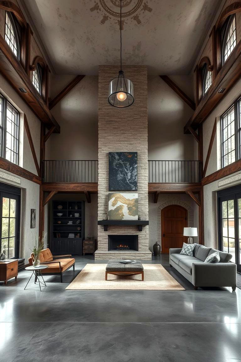 Double Height Drama - 24 Rustic Concrete Floor Living Room Ideas