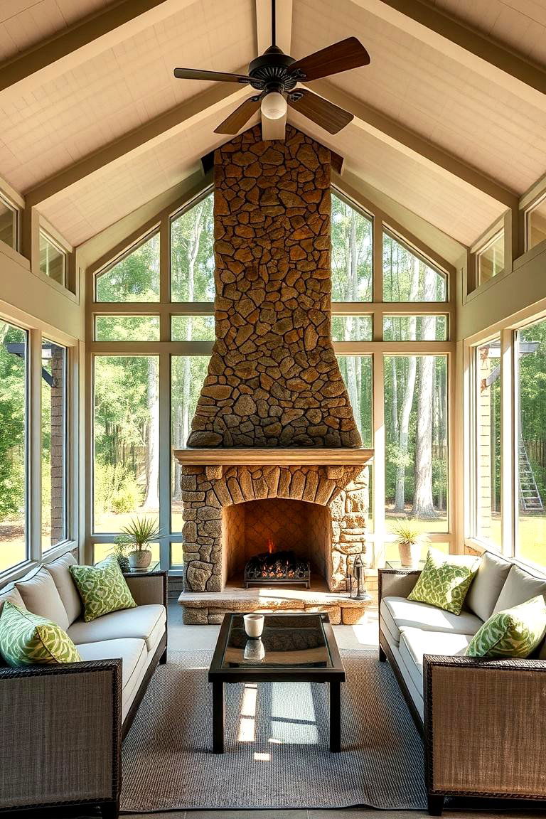 Double Sided Fireplace for Indoor Outdoor Enjoyment - 24 Screened-in Porch With Fireplace Ideas