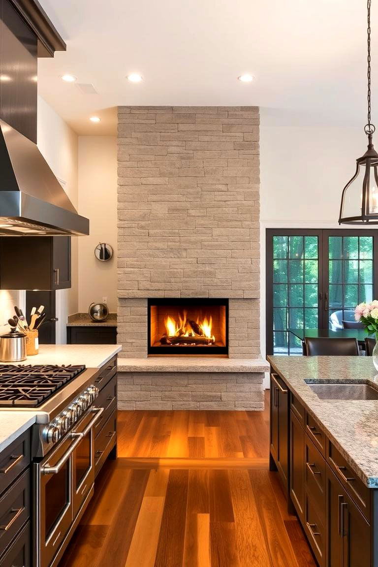 Double Sided Fireplace to Define Zones - 24 Kitchens With Fireplaces