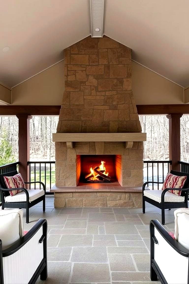 Double Sided Porch Fireplace for Shared Spaces - 24 Porch Fireplace Ideas