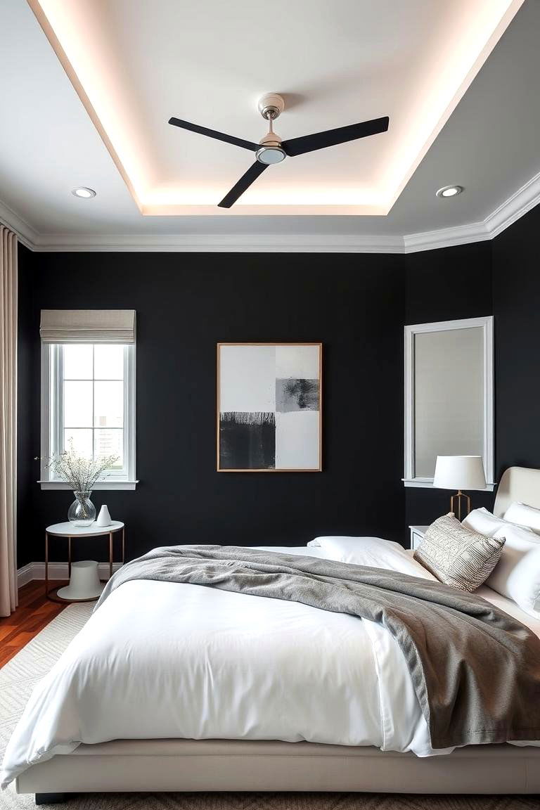 Dramatic Black Accent Walls - 24 Feminine Black and White Bedroom Ideas