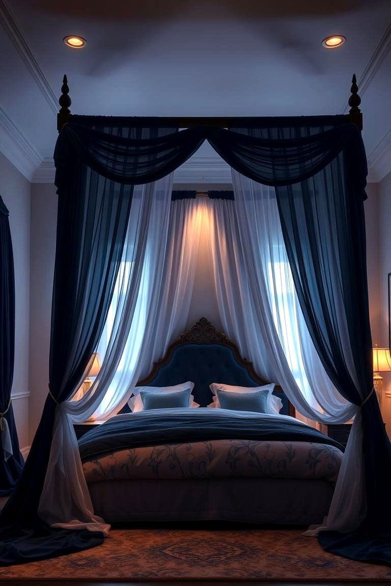Dramatic Dark Blue Canopy Bed - 24 Dark Blue Bedroom Ideas