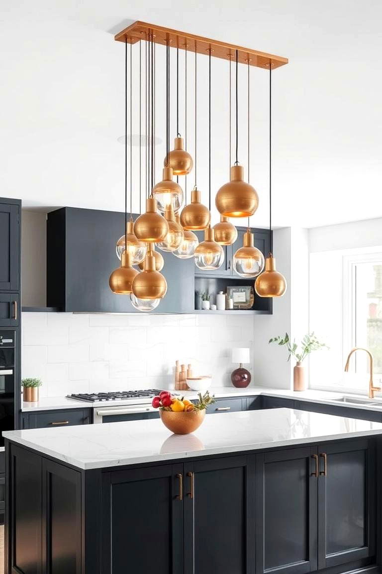 Dramatic Pendant Lighting Focused Ceiling - 24 Kitchen Ceiling Ideas