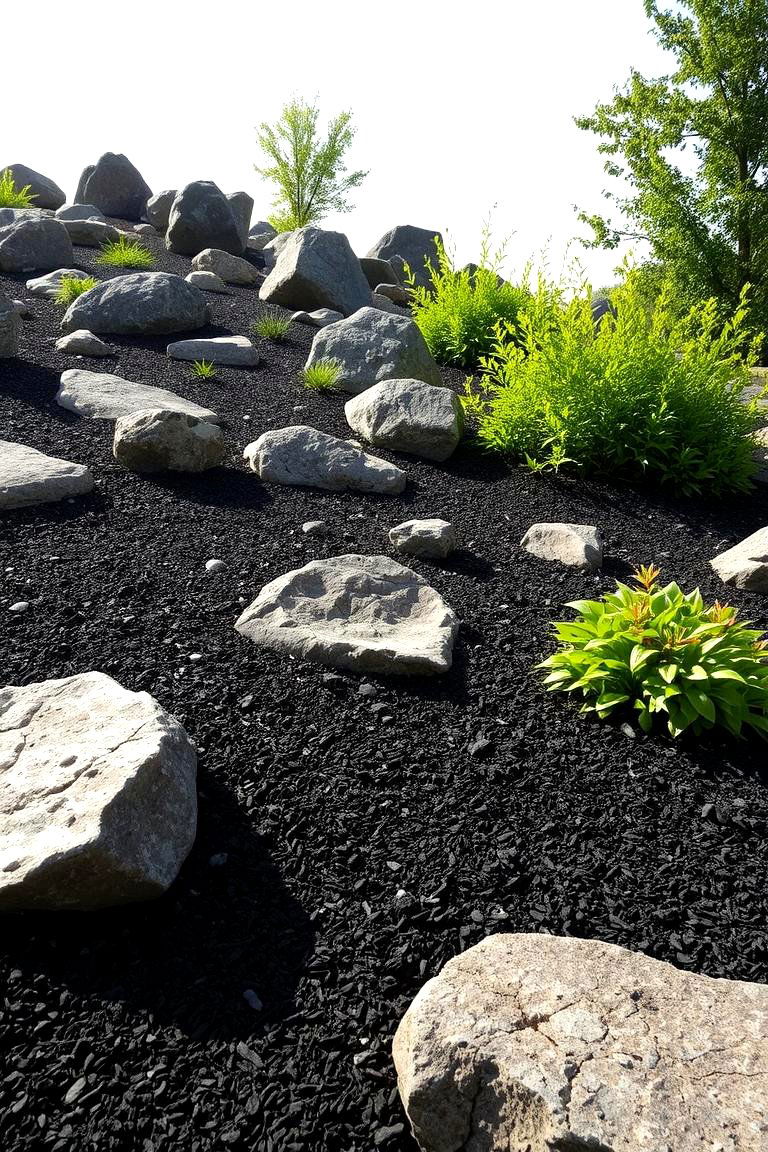 Dramatic Rock Garden Contrast - 24 Black Mulch Landscaping Ideas