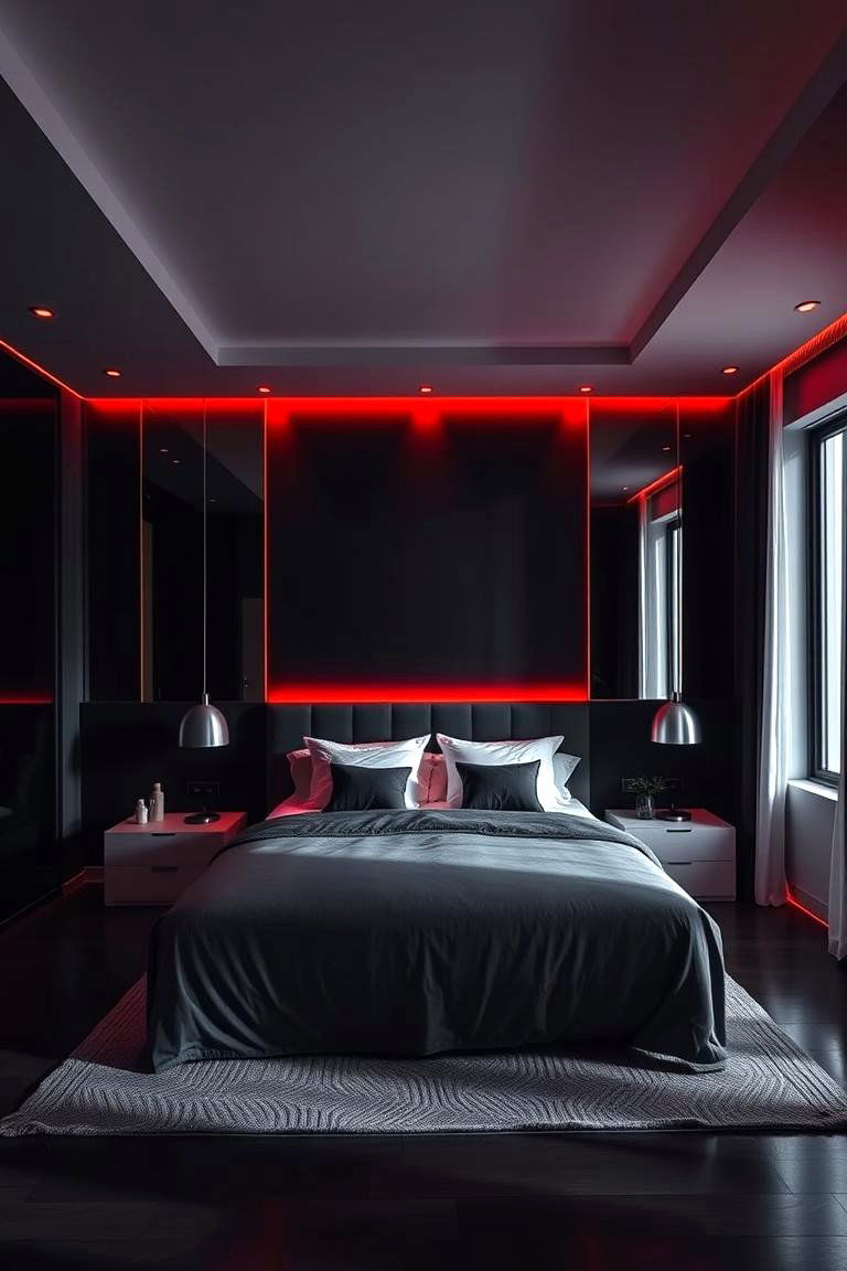 Dramatic Statement Lighting - 24 red black and white bedroom ideas