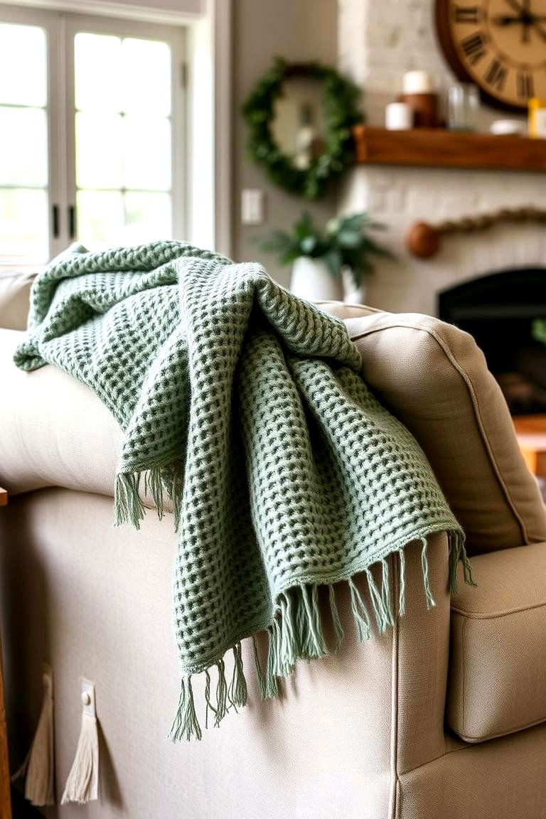 Drape a Textured Sage Green Throw Blanket Over Furniture - 24 Rustic Sage Green Living Room Ideas