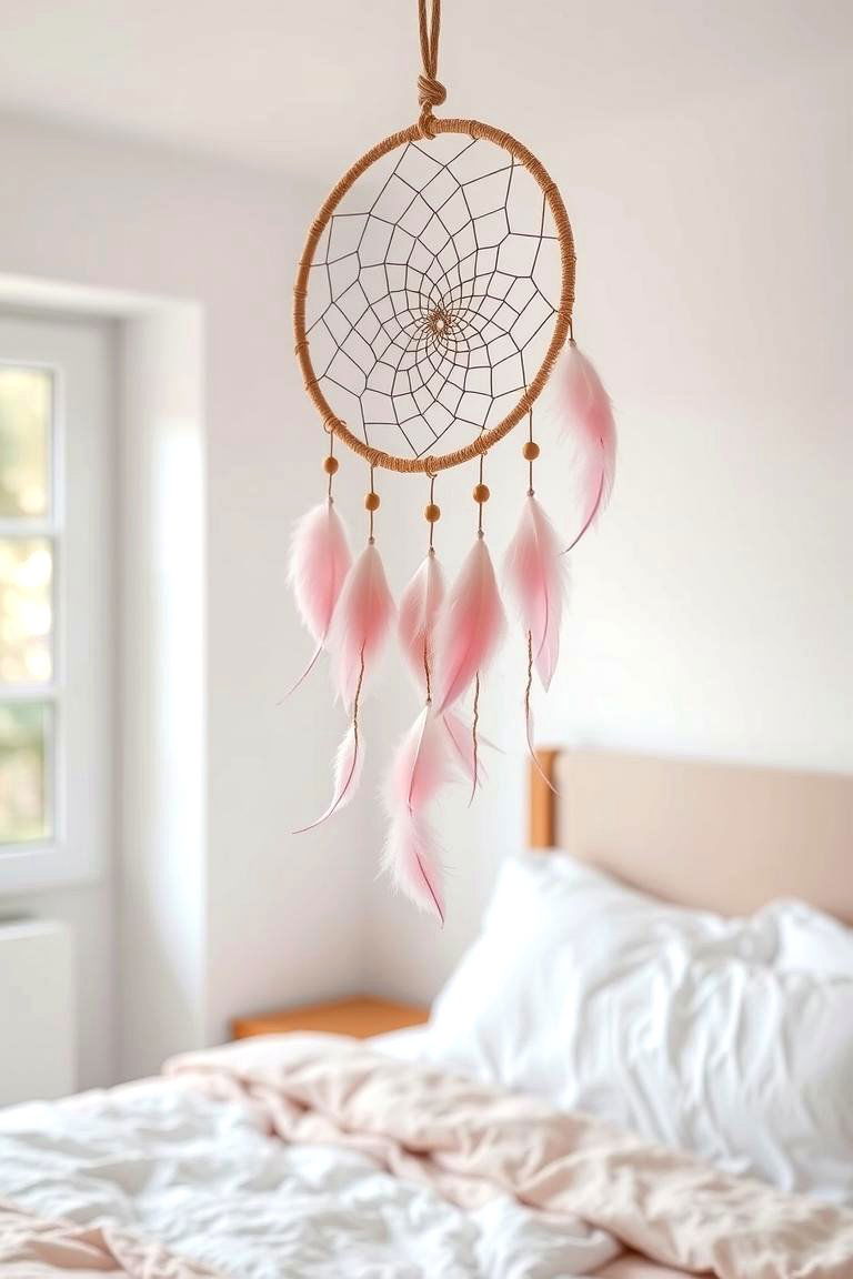 Dream Catcher with Pink Feathers - 24 Pink Boho Bedroom Ideas