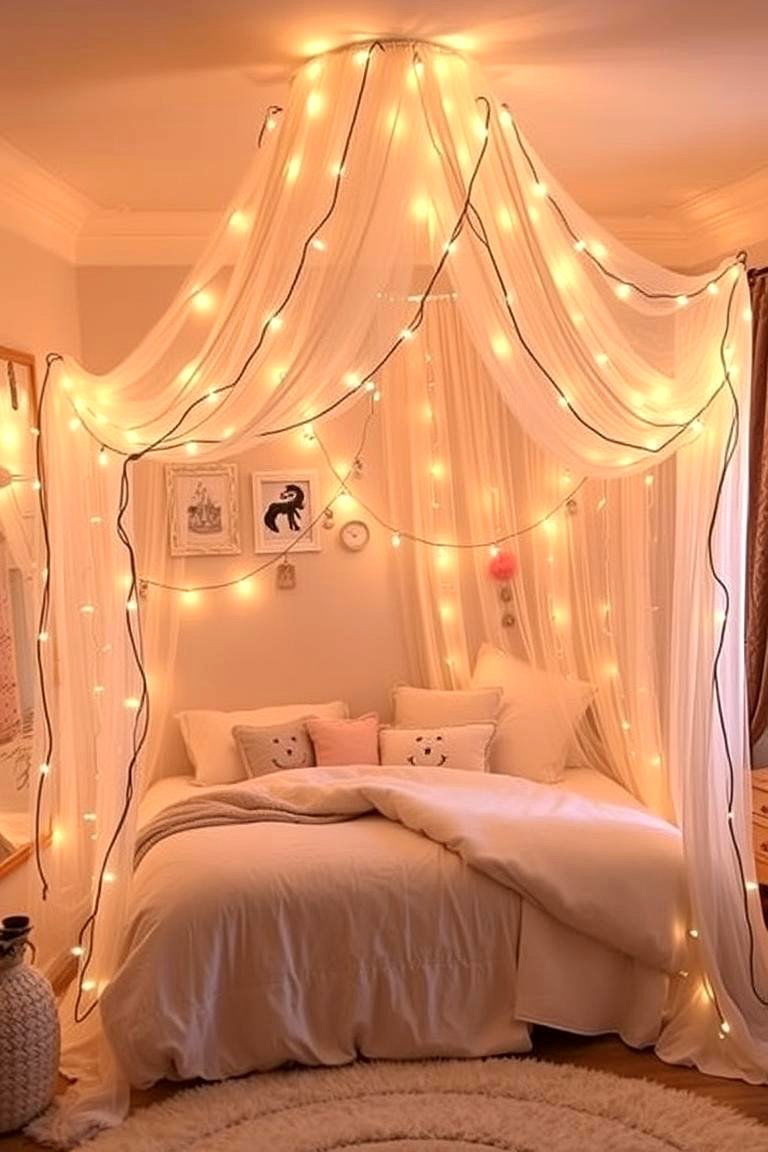 Dreamy Fairy Lights Canopy - 24 Girls Boho Bedroom Ideas