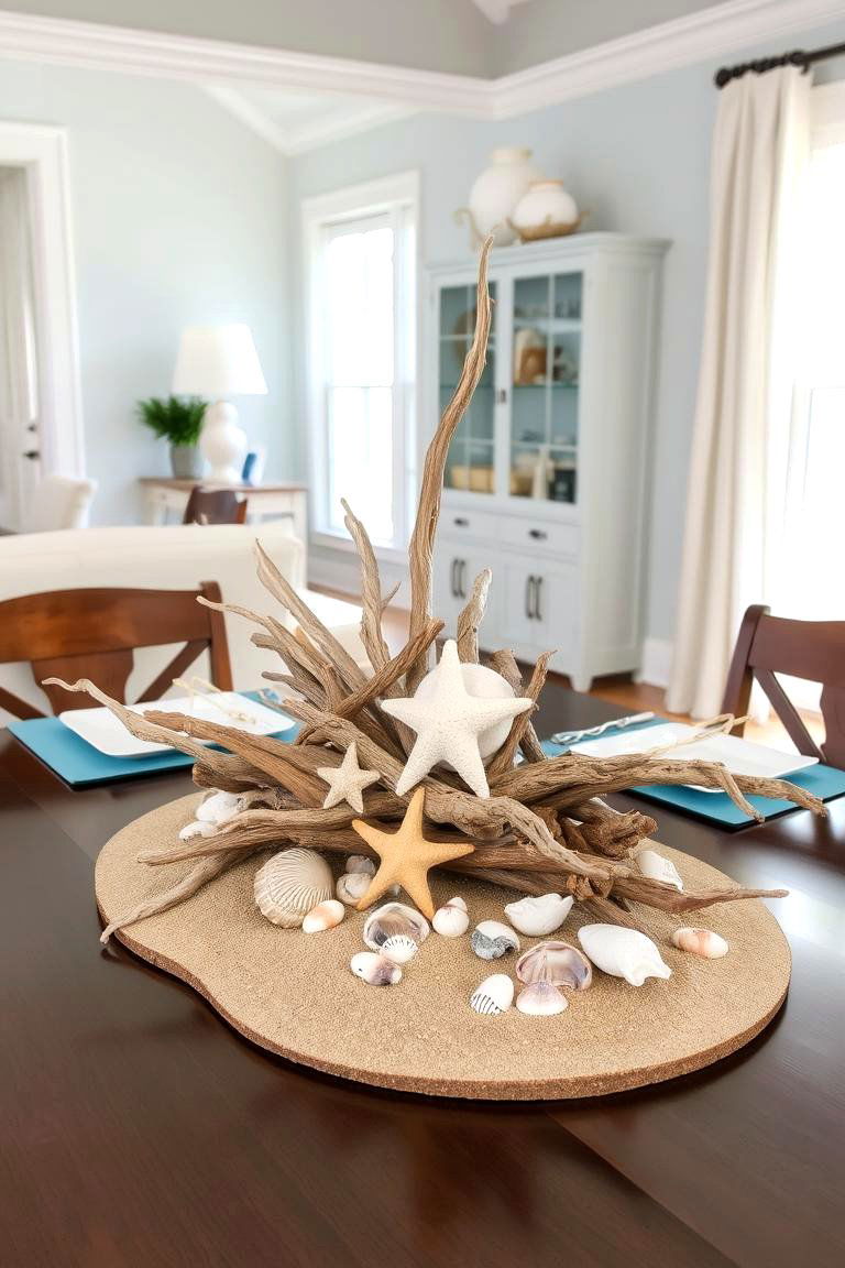 Driftwood with Shells and Sand - 24 Dining Table Centerpiece Ideas