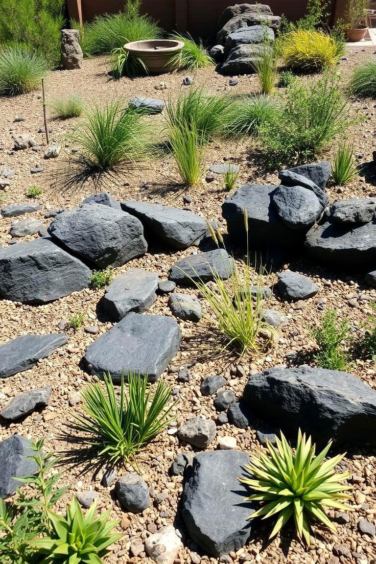 Drought Resistant Garden Design with Black River Rock - 24 Black River Rock Landscaping Ideas