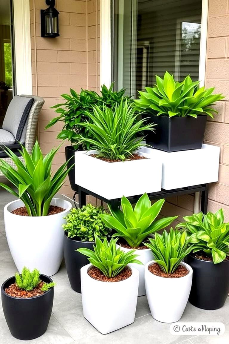Dual Tone Potted Plants Arrangement - 24 Black and White Patio Ideas