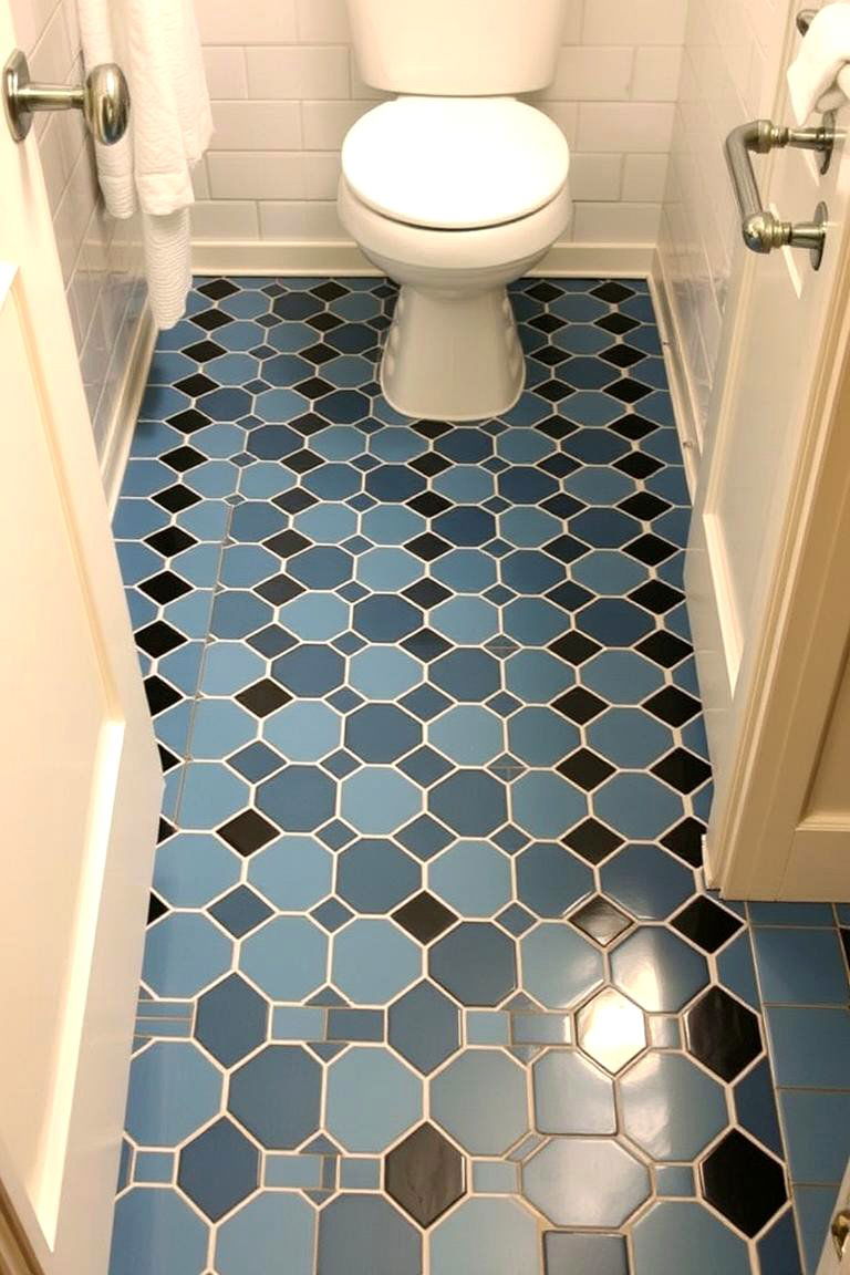 Dual Toned Flooring with Artistic Flair - 24 black and blue bathroom ideas