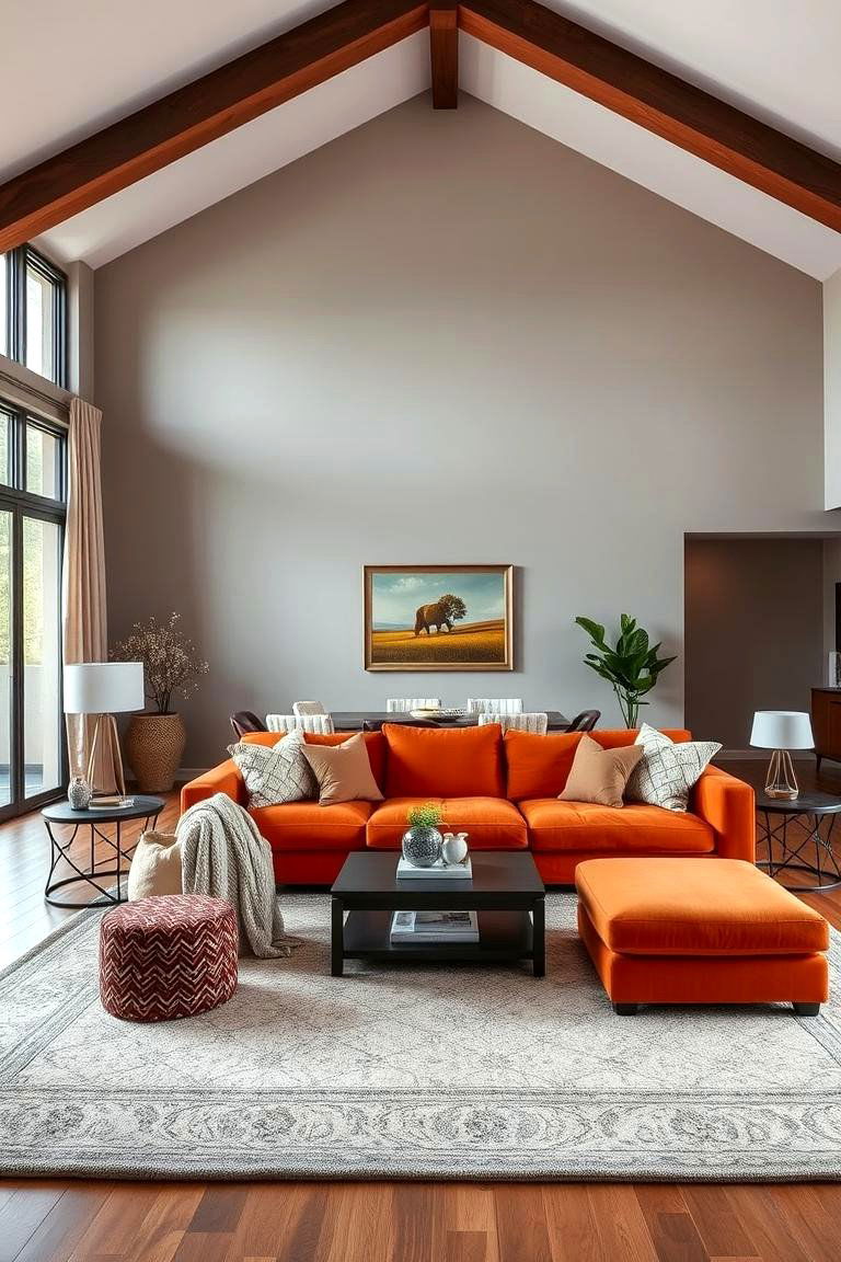 Due to its inherent warmth an orange couch can make a large living room feel more intimate - 24 Orange Couch Living Room Ideas
