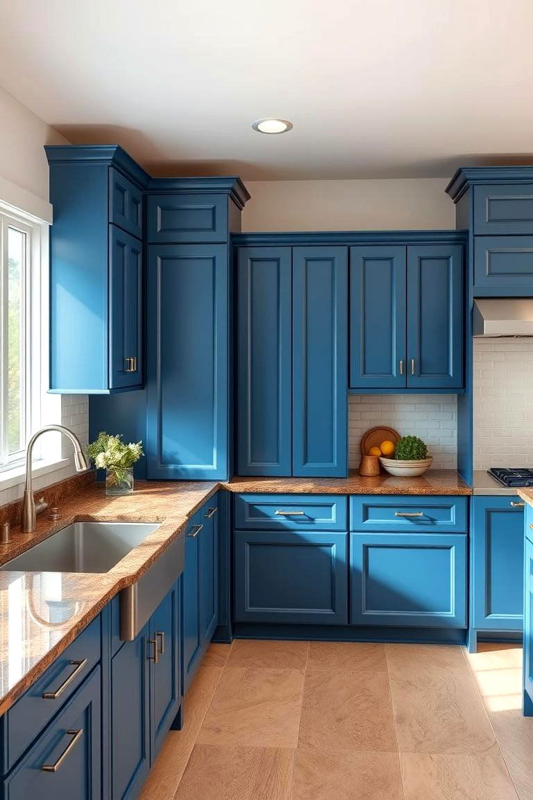 Durability and Quality in Every Detail - 24 blue kitchen cabinets with brown granite countertops