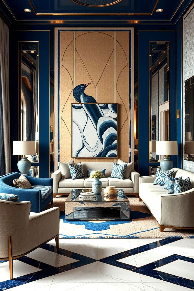 Dynamic Art Deco Revival - 24 blue and beige living room ideas