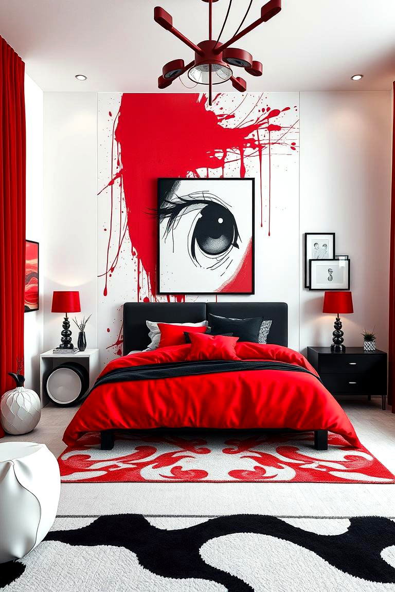 Dynamic Artistic Blend - 24 red black and white bedroom ideas