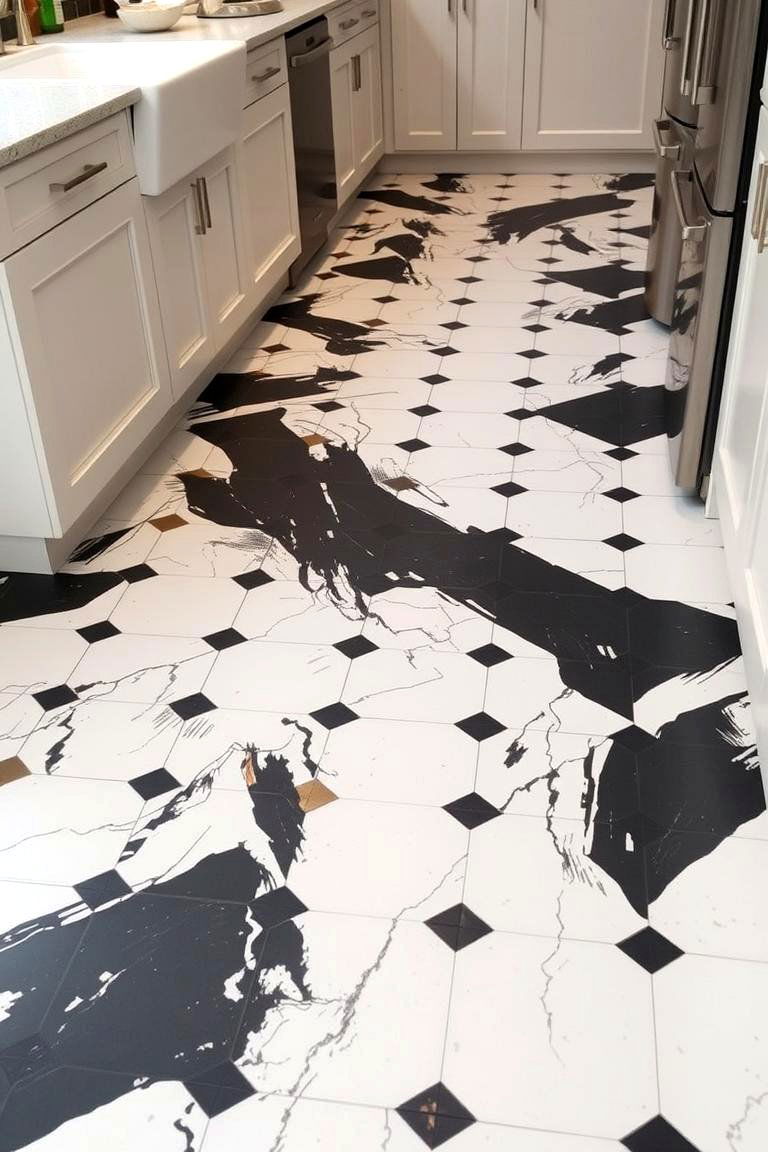 Dynamic Black and White Floor Tiles with Subtle Gold Highlights - 24 black white and gold kitchen ideas