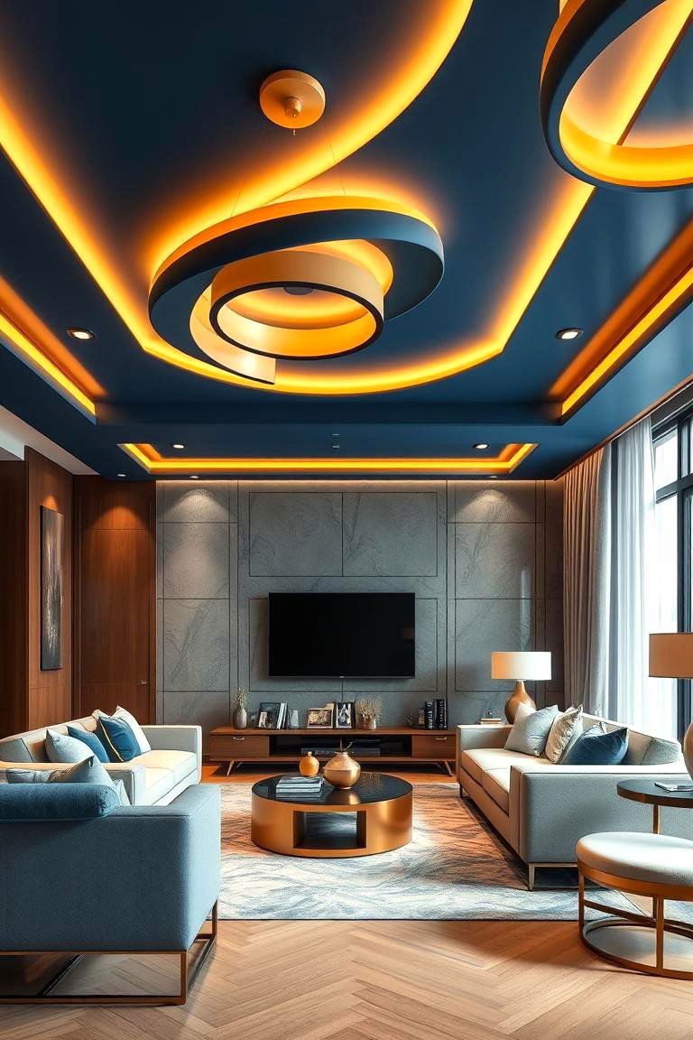 Dynamic Blue and Gold Ceiling Fixtures - 24 Blue and Gold Living Room Ideas