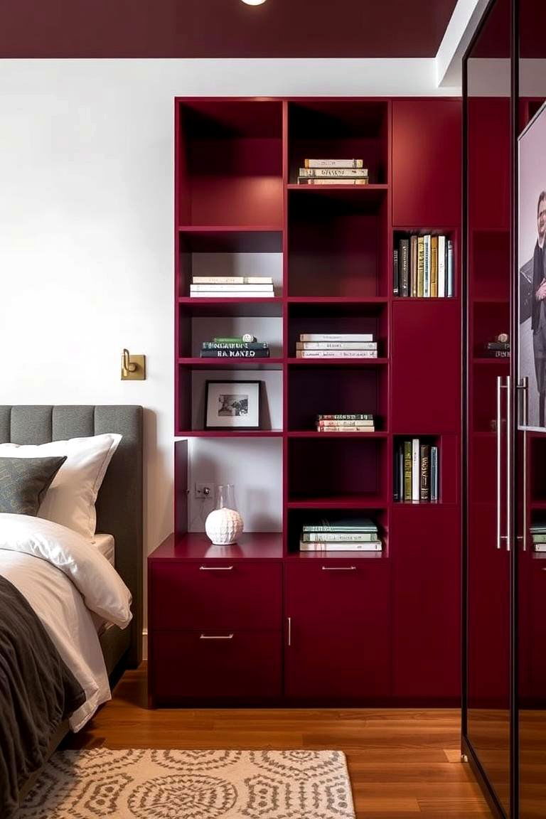 Dynamic Burgundy Shelving - 24 Burgundy Bedroom Ideas