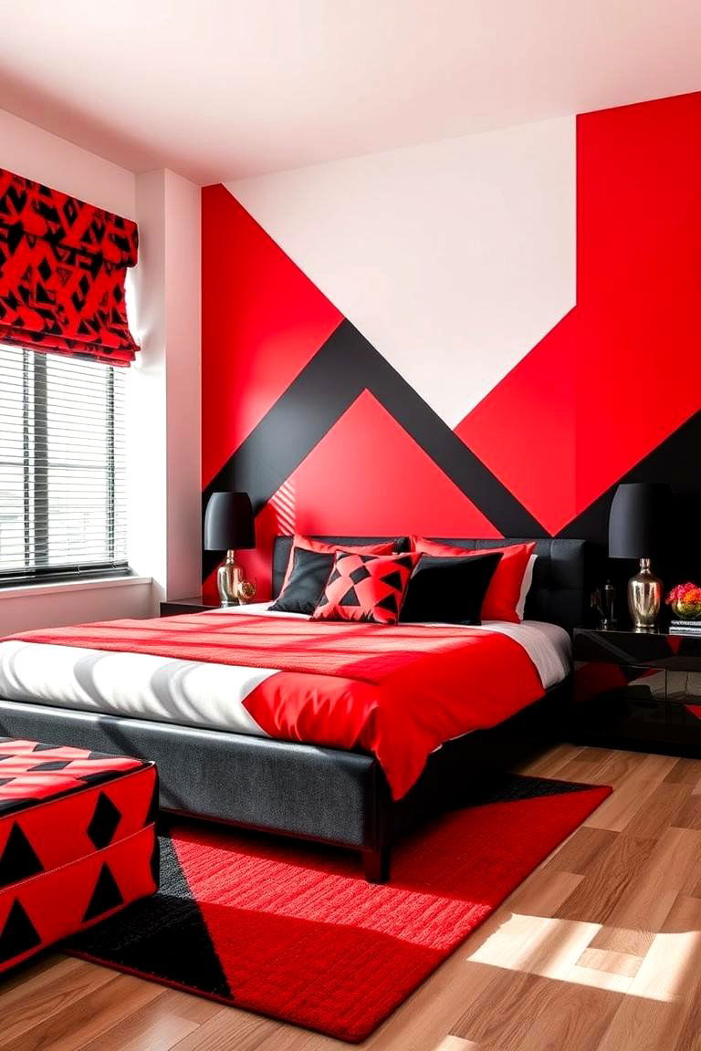 Dynamic Color Blocking - 24 Red and Black Bedroom Ideas