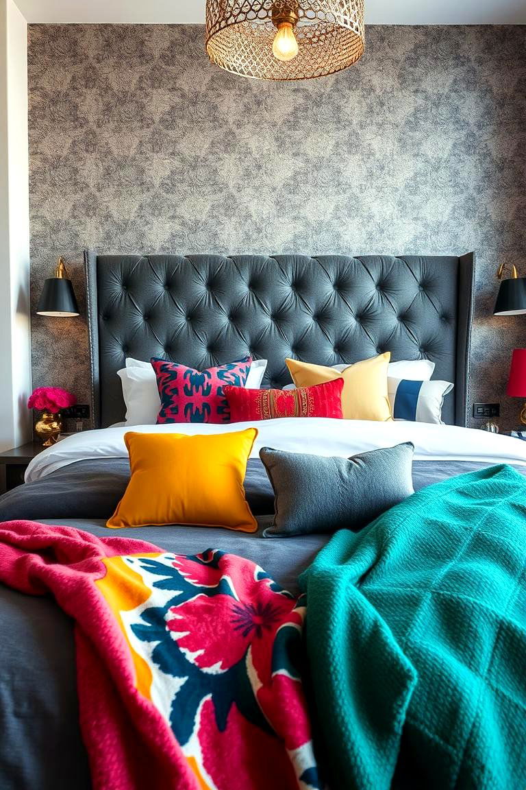 Dynamic Contrast with Grey Accents - 24 Grey Headboard Bedroom Ideas
