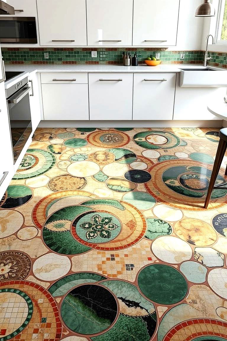 Dynamic Copper and Green Mosaic Floor Design - 24 Green and Copper Kitchen Ideas