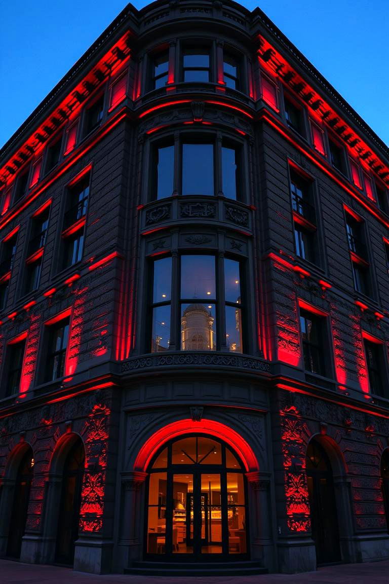 Dynamic Dark Red Facade Lighting - 24 Dark Red House Exterior Ideas