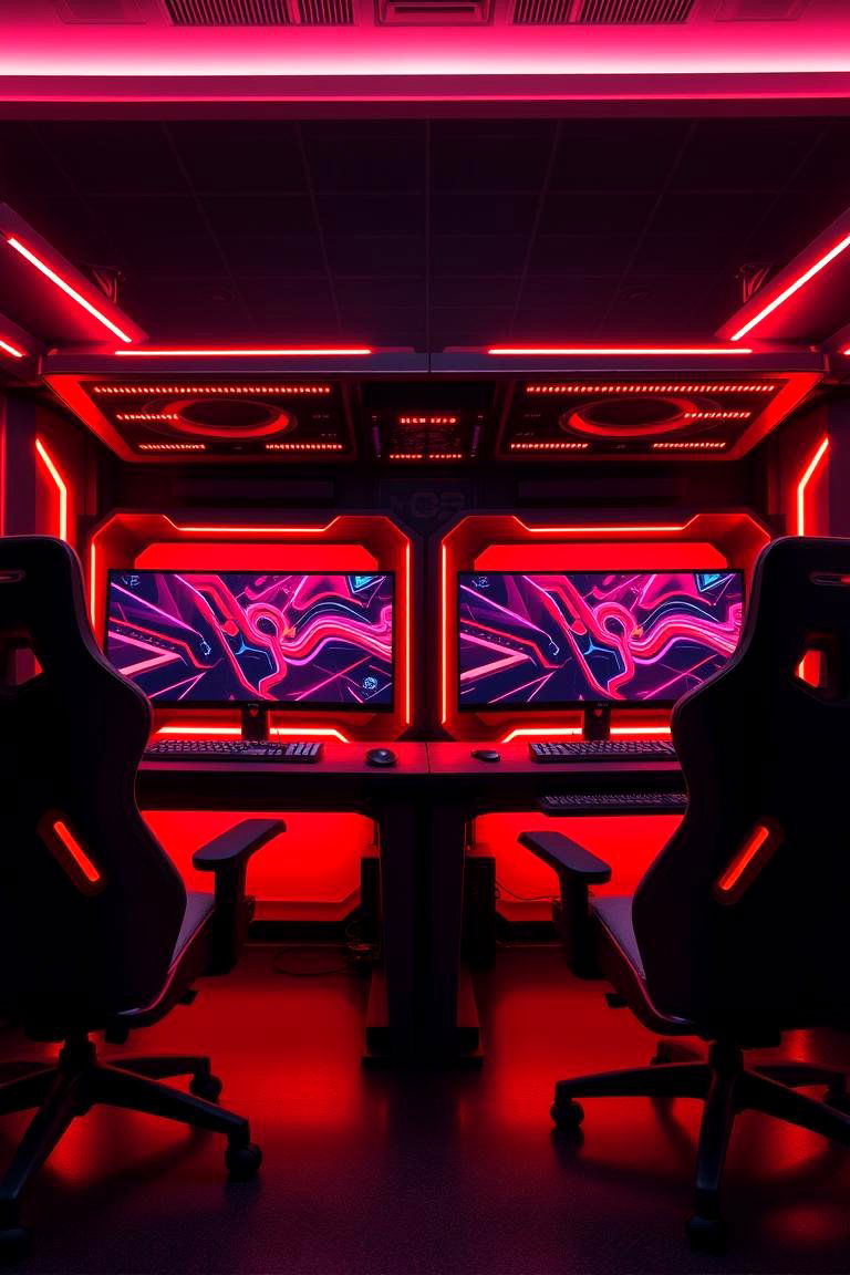 Dynamic Dual Monitor Arena - 24 Red and Black Gaming Setup Ideas