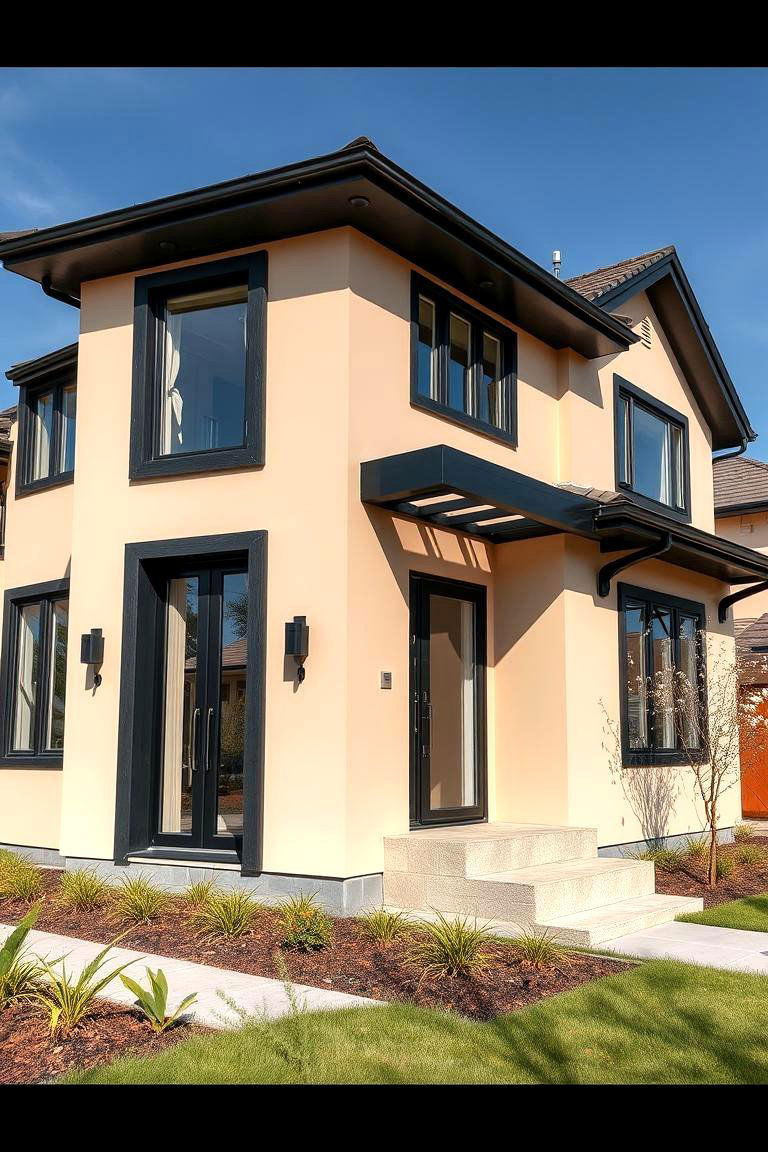 Dynamic Facade with Black Accents - 24 beige and black house exterior ideas