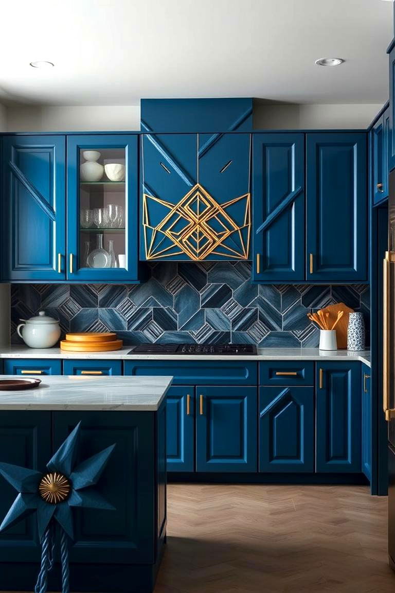 Dynamic Geometric Flair - 24 blue kitchen cabinets with gold hardware