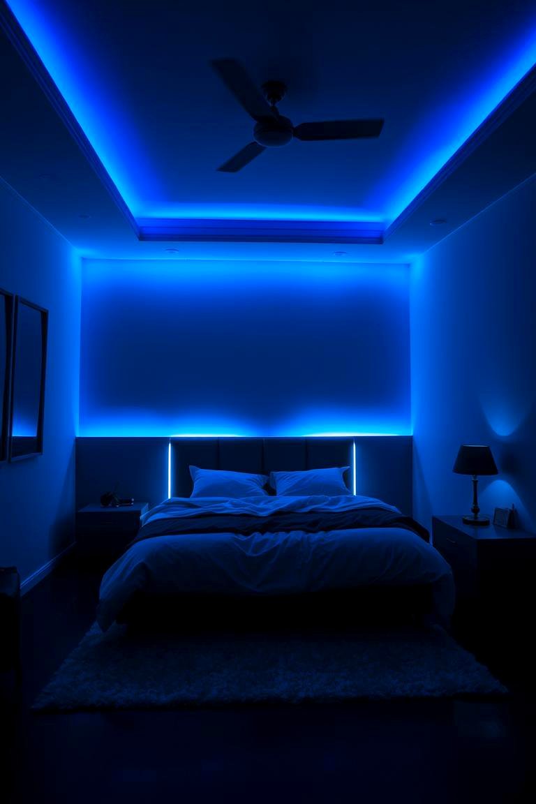 Dynamic Lighting Blue Glows with Black Shadows - 24 Black and Blue Bedroom Ideas