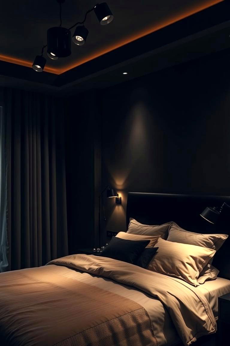Dynamic Lighting Effects - 24 Black and Beige Bedroom Design Ideas