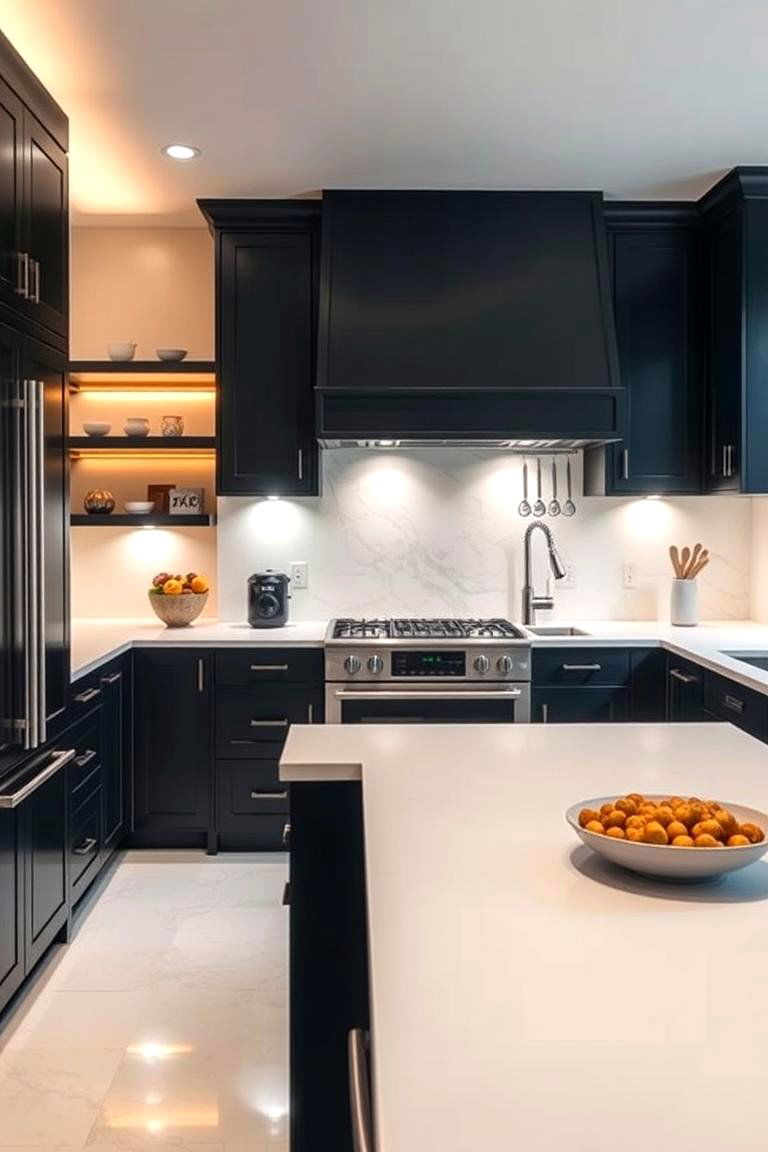 Dynamic Lighting Integration - 24 Black Kitchen Cabinets With White Countertops