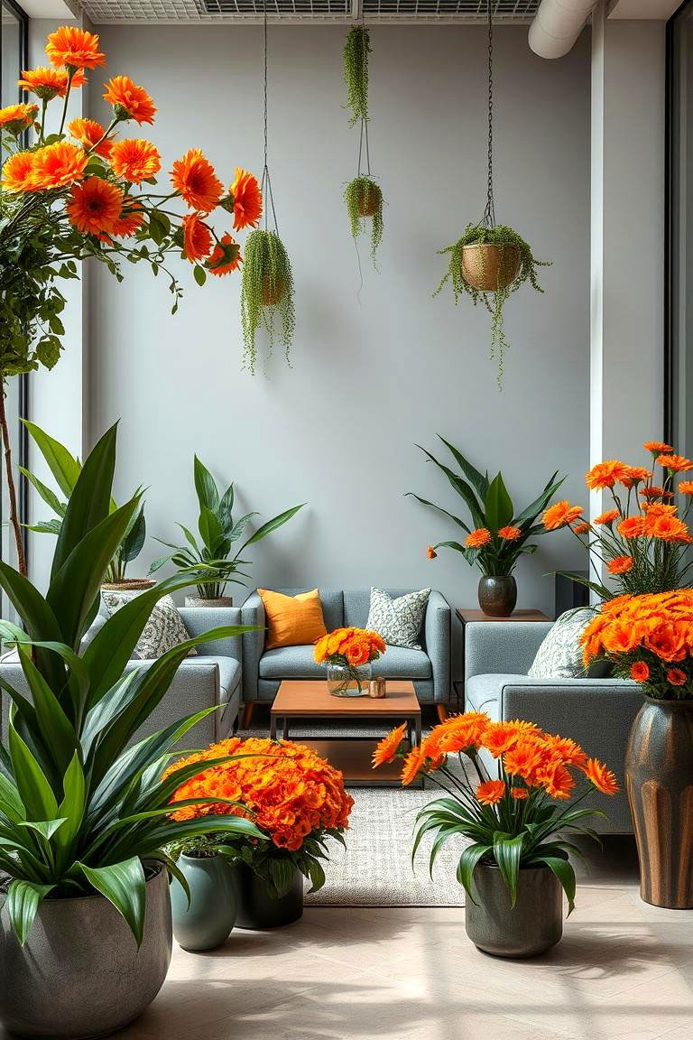 Dynamic Orange Floral Arrangements with Grey Furnishings - 24 Orange and Grey Living Room Ideas