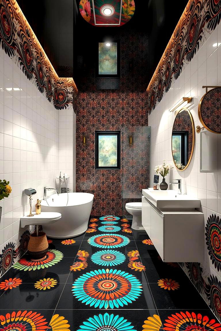 Dynamic Patterned Accents - 24 Black Floor Bathroom With White Walls Ideas