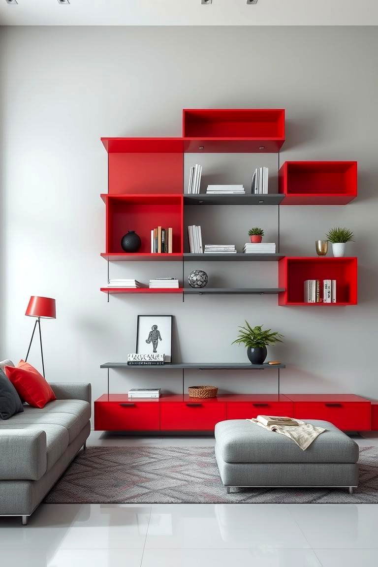 Dynamic Red and Grey Modern Shelves - 24 Red and Grey Living Room Ideas