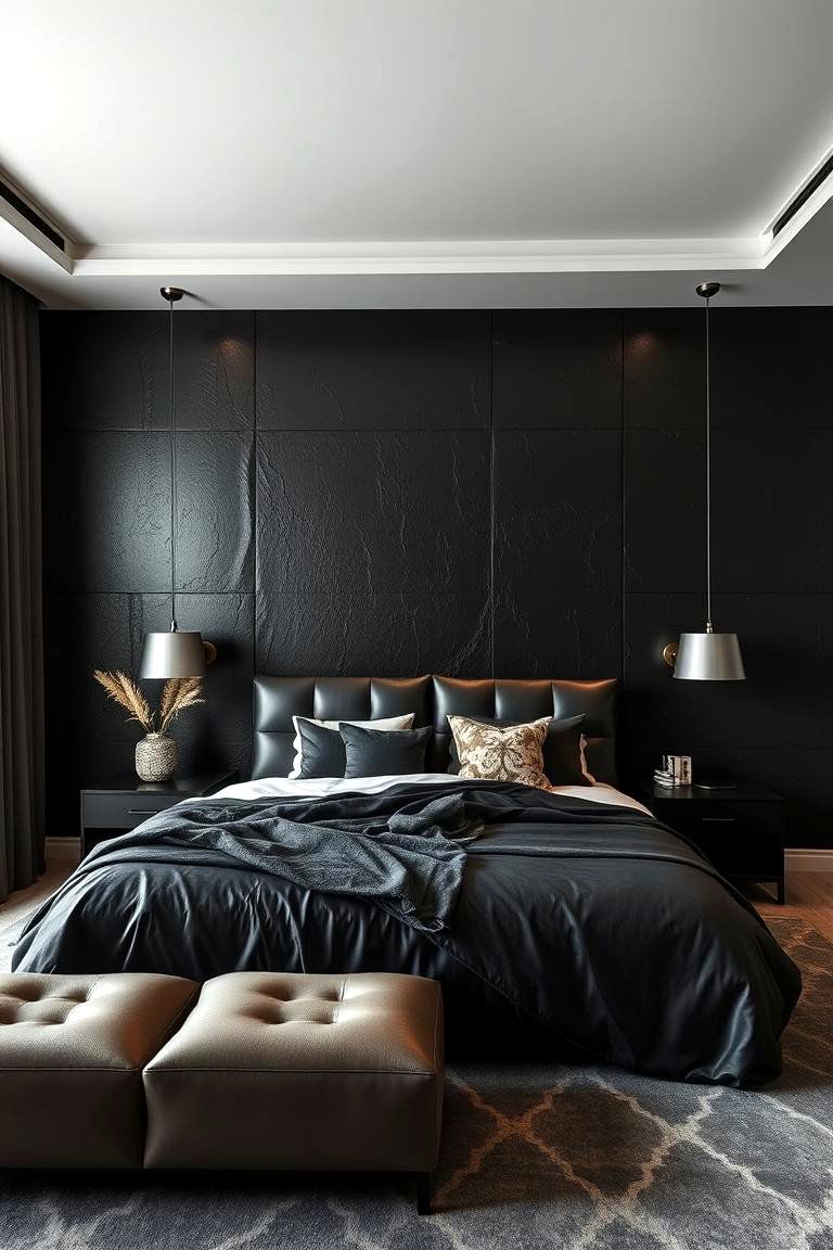 Dynamic Textured Contrast - 24 Black Accent Wall Bedroom Ideas
