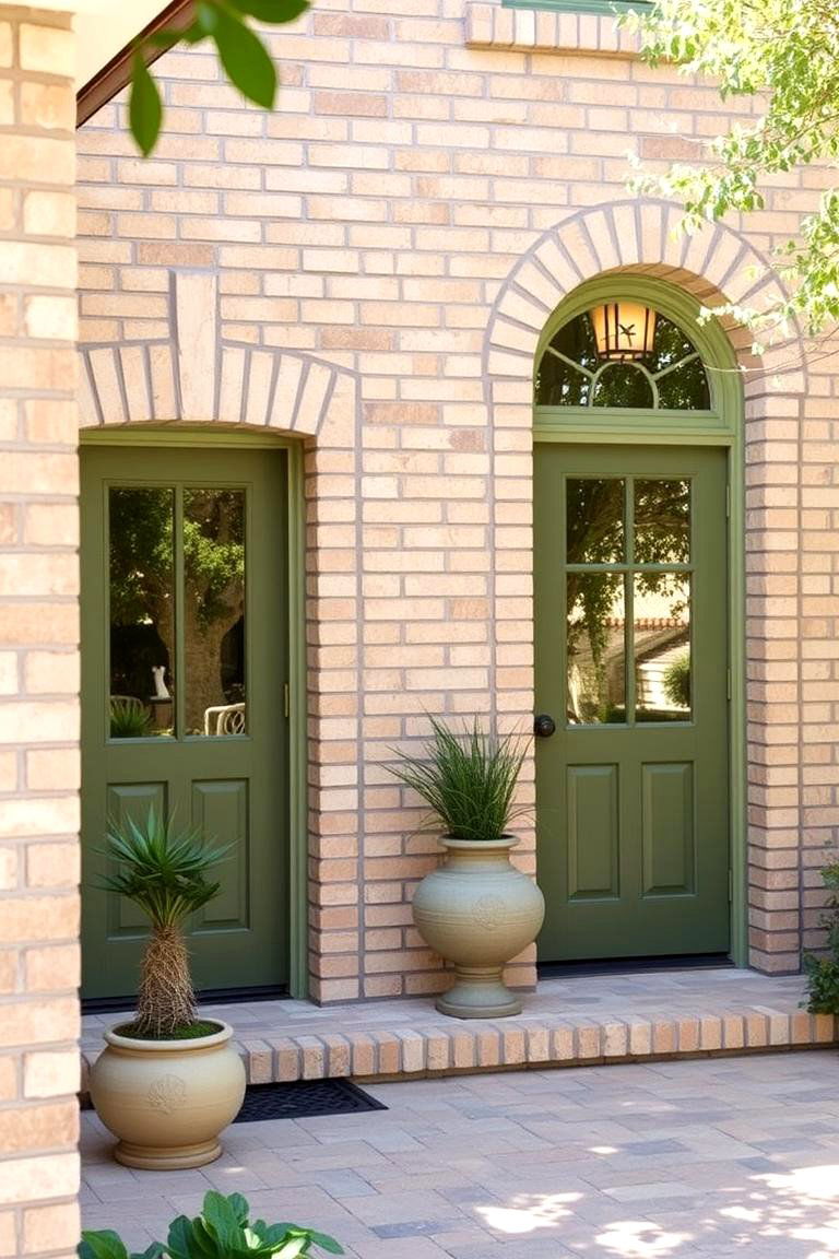 Earthy Beige Brick with Olive Green Accents - 24 Exterior Brick and Paint Color Combinations