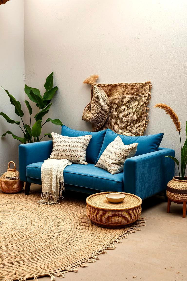 Earthy Blue Couch with Natural Textures - 24 Blue Couch Living Room Ideas