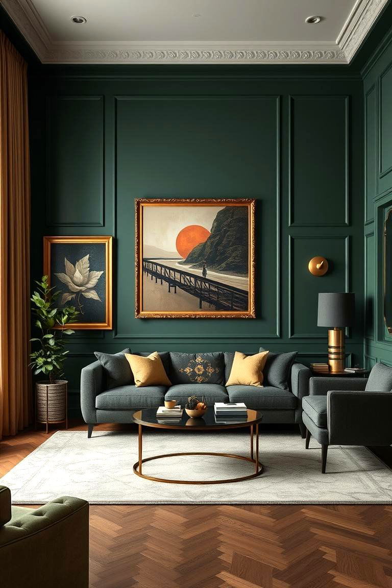 Earthy Elegance with Gold Framed Art and Green Walls - 24 Green and Gold Living Room Ideas