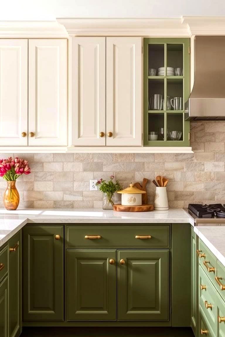 Earthy Green and Cream - 24 Two Tone Kitchen Cabinet Ideas