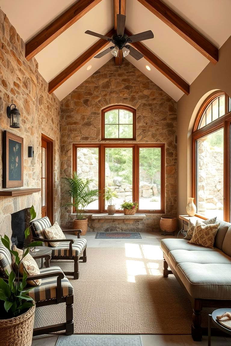 Earthy Stone Accents - 24 Rustic Sunroom Ideas