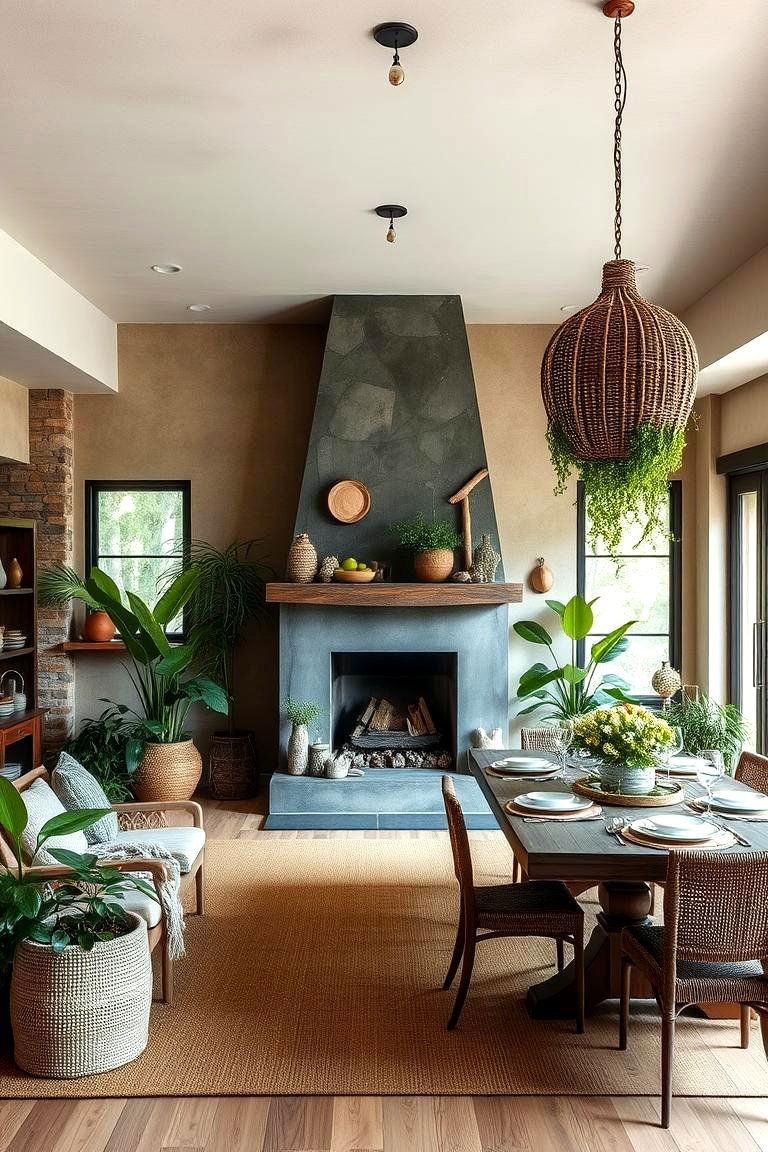 Earthy Tones and Natural Elements - 24 Dining Room With Fireplace