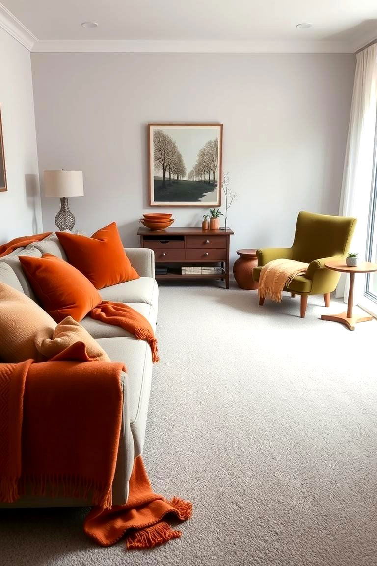 Earthy Tones for a Grounded Feel with Grey Carpet - 24 grey carpet living room ideas
