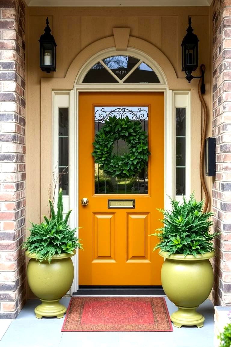 Earthy Tones with Olive Green Details - 24 Mustard Yellow Front Door Ideas